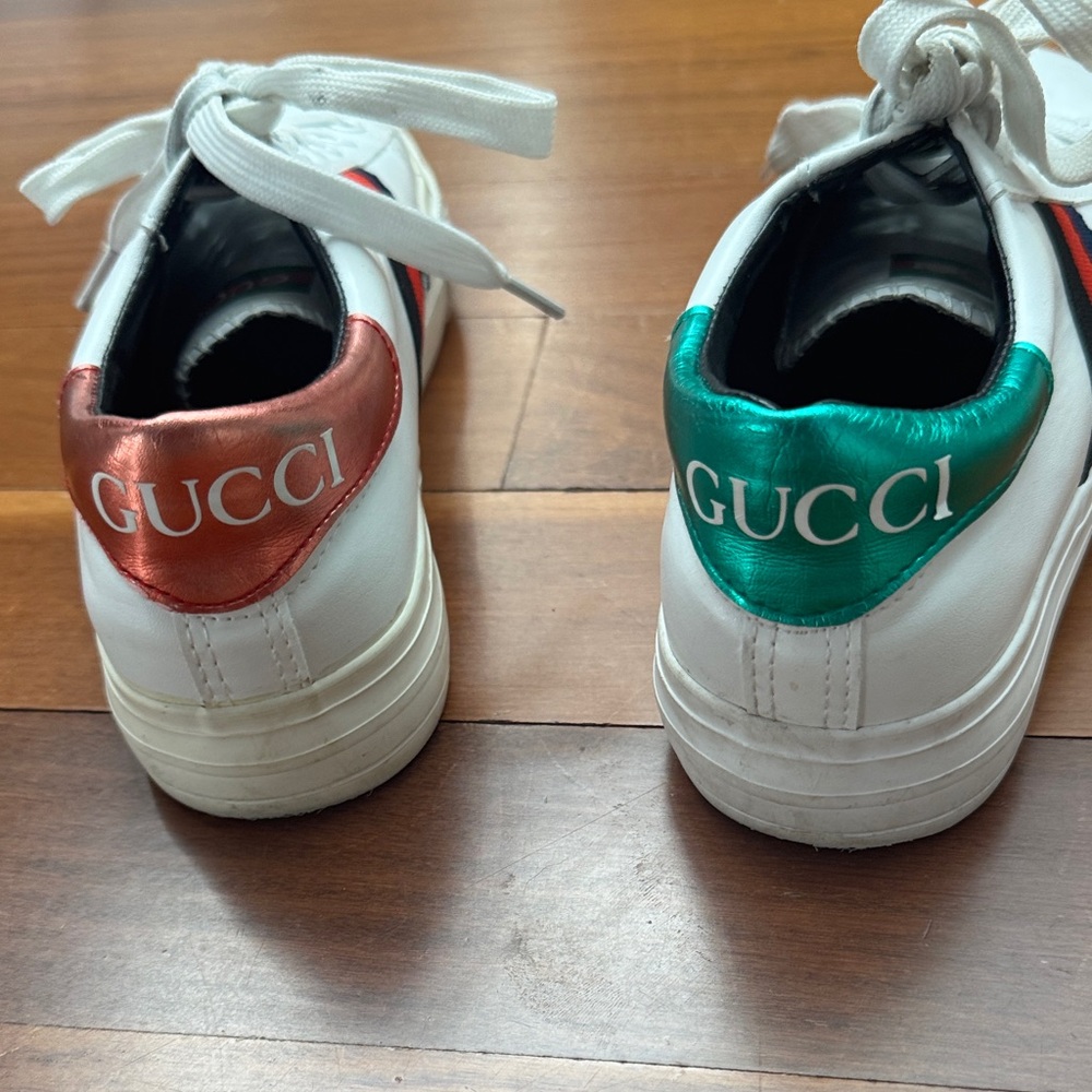 Gucci White Sneakers with Metallic Red and Green Details